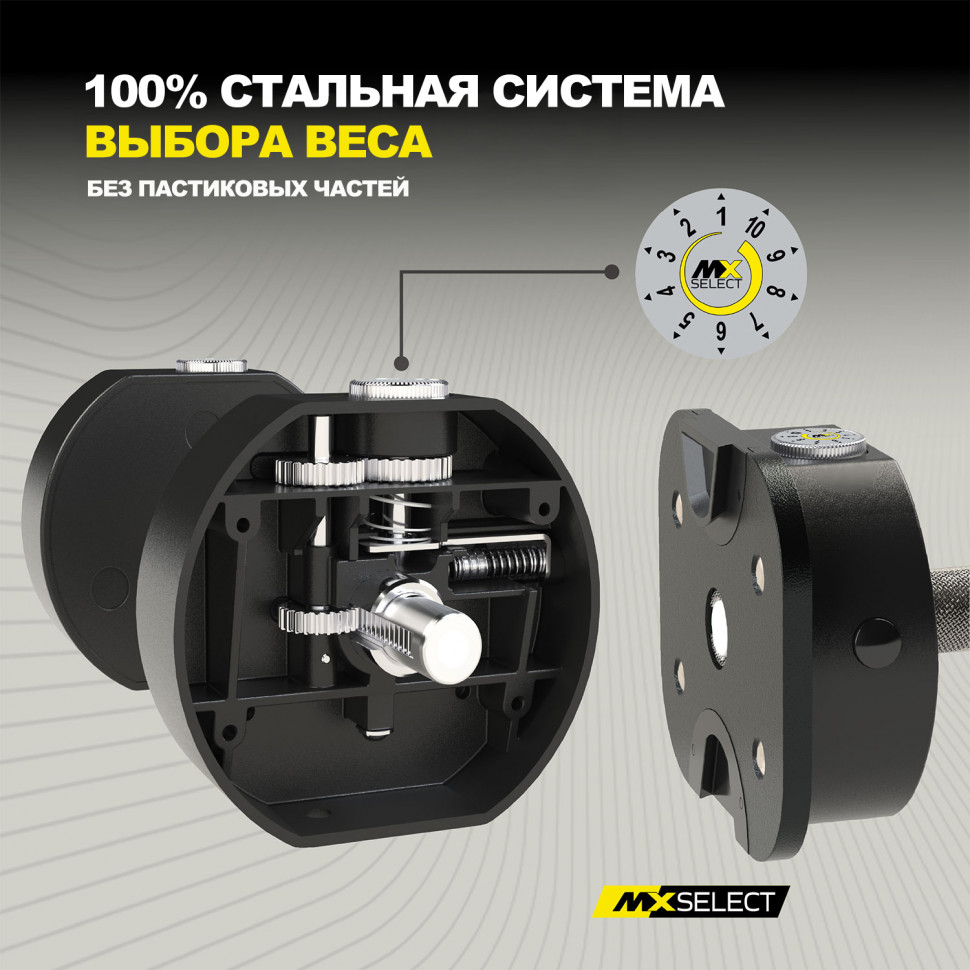 Гантель регулируемая MX Select MX55 EVO, рифленая стальная рукоять, вес 4.9-25.3 кг, 1 шт